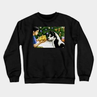 Boy and His Dog Opening Christmas Presents - Greeting Card Crewneck Sweatshirt